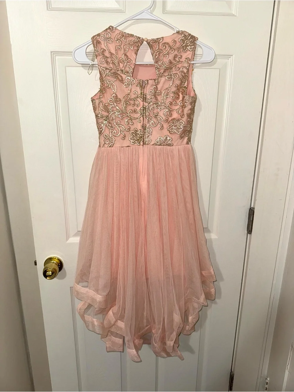 Kids Pink & Gold Floral Embroidery High-Low Tulle Dress 10